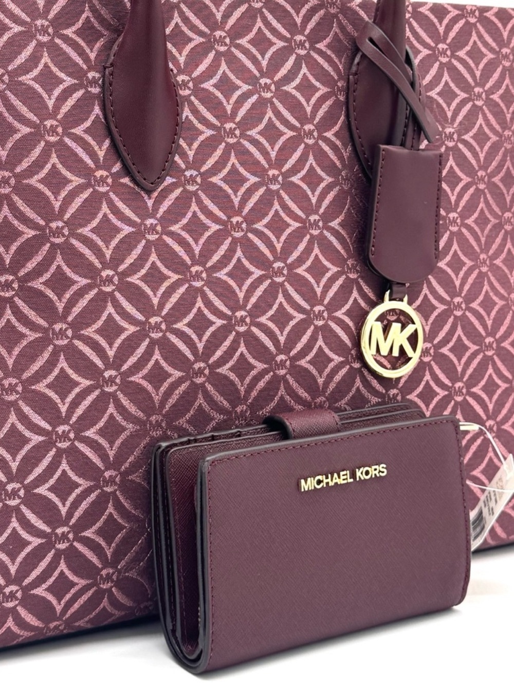 Michael Kors Medium Mirella Tote Bag & Matching Bifold Zip Chain Wallet Ox Blood - Picture 2 of 12